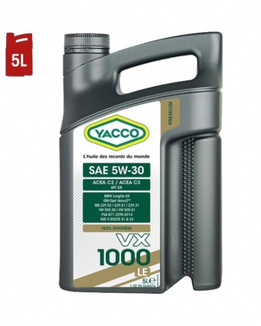 Huile Moteur YACCO VX 600 5W30   Marque YACCO - Normes ACEA ACEA  A3/B3 - Emballage Bidon 5L - Normes API API SL/CF